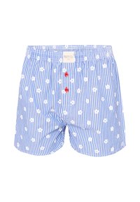 Boxer in cotone da uomo in azzurro chiaro con righe bianche e motivi floreali. Presenta bottoni rossi sul davanti. Vita elastica per il massimo comfort.