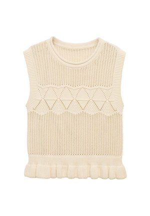 Gilet sans manches en tricot de couleur crème avec un motif en losanges et un ourlet festonné sur fond blanc.