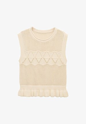 Cremfarbener, gestrickter ärmelloser Sweater-Weste mit Rautenmuster und Rüsche am Saum auf weißem Hintergrund.