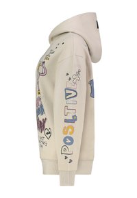 Beige Kapuzenpullover mit buntem "POSITIVE"-Text, Blumen- und Herz-Doodes auf dem Ärmel sowie einem Comic-Charakter mit motivierenden Sprüchen auf der Vorderseite.