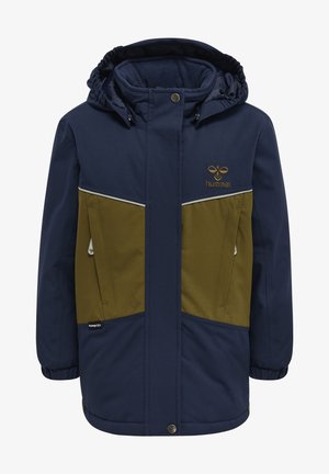Navy and olive green hooded jacket with a zipped front, two side pockets, and contrasting panels. Features a logo on the chest and a soft lining.