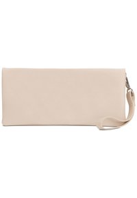 Téglalap alakú táska puha, világos bézs anyagból, sima felülettel. Tartalmaz egy csuklópántot és minimalista kialakítást látható fémalkatrészek nélkül.
