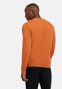 Maglione arancione a maglia con maniche lunghe, polsini e orlo a coste, realizzato in materiale morbido, con un design classico a girocollo.