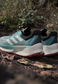 Paar türkis-weiße Adidas Terrex Trailrunning-Schuhe auf einem Schotterweg mit trockenen Blättern und Grün im Hintergrund.