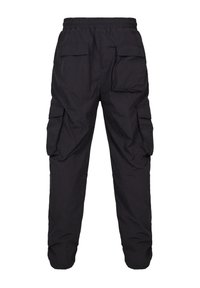 Schwarze Cargo-Hosen aus leichtem Material, mit elastischem Bund, mehreren Seitentaschen und einer Relaxed-Fit-Passform.