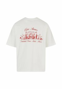 Tricou alb din bumbac cu un design imprimat roșu, având inscripția "Ciao Amore" și un motiv arhitectural. Mânici scurte și croi lejer.