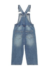 Denim overall met verstelbare bandjes. Lichtblauwe was, relaxte pasvorm, met twee grote achterzakken en een rafelrand detail.