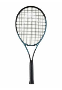 Tennis racket with an oval head, black strings, and a teal accent on the frame. The handle is textured and black.