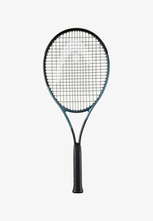Tennis racket with an oval head, black strings, and a teal accent on the frame. The handle is textured and black.