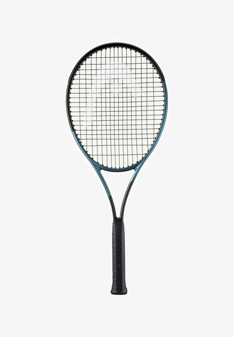 Tennis racket with an oval head, black strings, and a teal accent on the frame. The handle is textured and black.