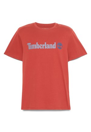Rode katoenen T-shirt met korte mouwen, voorzien van het "Timberland" logo in lichtblauw en een boom graphic. Standaard ronde hals, ontspannen pasvorm.