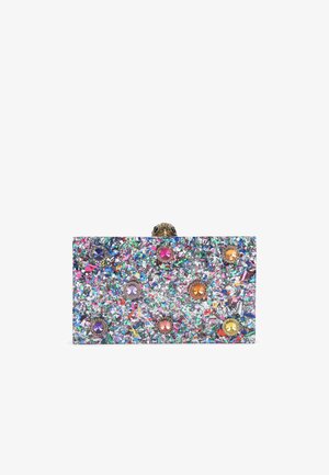 Glanzende clutch in multikleurige confetti met levendige juwelen in roze, paars en oranje. Voorzien van een goudkleurige sluiting met een decoratieve detail.