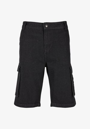 Mustadest denimist valmistatud cargo-lühikesed püksid, millel on mitu taskut, nupplukuga ja sirge lõikega, sile tekstuur ja vastupidav materjal.