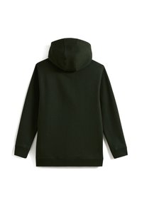 Felpa verde scuro, in cotone misto, con una texture morbida, dotata di un cappuccio spazioso e maniche lunghe, con orlo dritto e senza motivi visibili.