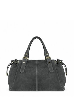 Sac à main en daim gris avec quincaillerie dorée, doubles poignées supérieures et fermeture à cordon. Présente une texture lisse et une forme structurée.