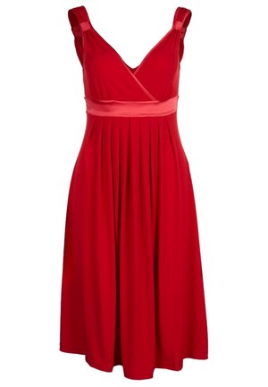 Robe sans manches rouge avec un décolleté en V, taille froncée et jupe plissée. Fabriquée en tissu doux, elle présente un détail de taille étroite contrastante.