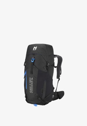 Sac à dos noir avec des accents bleus, doté de bretelles réglables, de plusieurs poches et d'une finition texturée. Logo de la marque bien en vue.