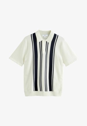 Polo cu mânecă scurtă în crem cu dungi verticale bleumarin, dotat cu guler și o închidere cu trei butoane. Textură tricotată pe întreaga suprafață.