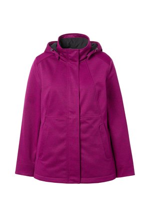 Giacca da donna con cappuccio viola, dotata di zip frontale, tasche laterali e cordini regolabili sul cappuccio, presentata su sfondo bianco.