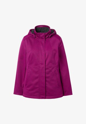 Lilla hættejakke til kvinder med frontlynlås, sidelommer og justerbare snore i hætten, vist på hvid baggrund.