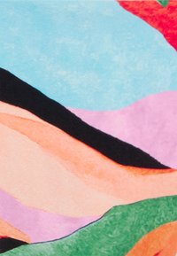 Design abstrato multicolorido com curvas suaves. As cores incluem azul, rosa, laranja, verde e preto. Textura suave e estilo pictórico.