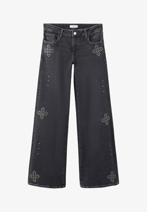 Szerokie, ciemnoszare dżinsy wykonane z denimu, z metalowymi ćwiekami ułożonymi w kwiatowe wzory na przodzie, z klasycznym zapięciem na guzik i suwak.