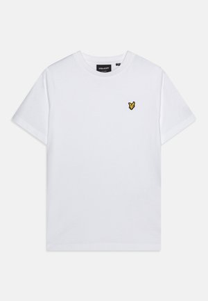 White cotton t-shirt with short sleeves, featuring a small yellow butterfly logo embroidered on the left chest area. Classic crew neck design.