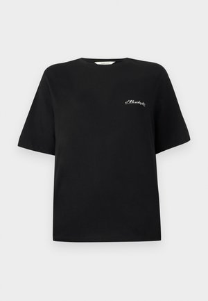 Sort bomulds t-shirt med korte ærmer og rund hals. Have hvid broderet tekst på venstre brystområde. Glat tekstur.