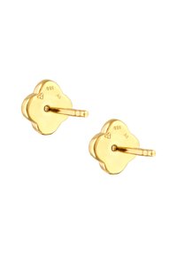 Guldpläterade blommformade örhängen med glänsande yta och tryckknappslås. Stämplade med 925 och ett märke på baksidan.