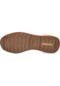Suola di scarpa in gomma marrone con superficie texturizzata. Presenta scanalature orizzontali e verticali per migliorare la presa, con un logo impresso al centro.