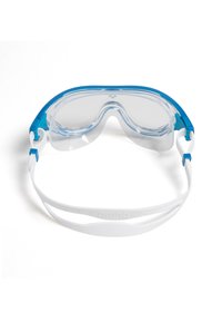 Gafas de natación con lentes transparentes, marco de silicona azul y correa ajustable blanca. Textura suave, diseñadas para un ajuste seguro.