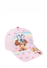 Rosa Baseballmütze mit Cartoon-Hunden, floralen Mustern und einem Regenbogen-Design. Die Vorderseite zeigt den Schriftzug "Teamarbeit" in fetten Buchstaben.