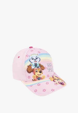 Pink baseball cap featuring cartoon dogs, floral patterns, and a rainbow design. The front displays "Team Work" lettering in bold.