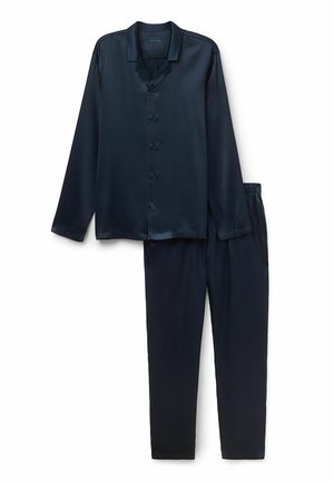 Navy Satin-Pyjama-Set mit einem Knopfverschluss-Shirt mit langen Ärmeln und passender Hose. Weicher Stoff und lässiger Schnitt.
