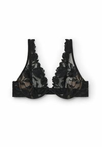 Zwarte kant bralette met bloemendessin, doorschijnende mesh cups, golvende randen, verstelbare bandjes en een haak-en-oogsluiting aan de achterkant.