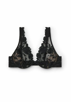 Zwarte kant bralette met bloemendessin, doorschijnende mesh cups, golvende randen, verstelbare bandjes en een haak-en-oogsluiting aan de achterkant.