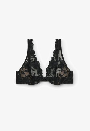 Black lace bralette with floral pattern, sheer mesh cups, scalloped edges, adjustable straps, and a hook-and-eye closure at the back.