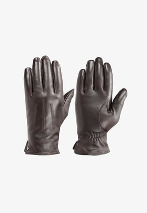 Par rukavice od tamnosmeđe kože, jedna pokazuje stražnju stranu s ušivenim detaljima, dok druga prikazuje dlan s elastičnom manžetom.
