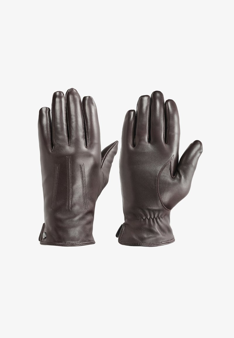 Tamsiai rudos odos pirštinės, viena rodoma iš nugaros su siuvinėjimo detalėmis, kita - iš delno pusės su elastinga apyranke.