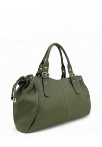 Sac à main en cuir vert olive avec surface texturée, double poignée et fermeture à cordon ajustable. Les détails en métal doré accentuent le design.