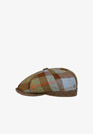 Schiebermütze mit kariertem Muster in Grün, Braun, Blau und Orange und einem kleinen Knopf oben, seitlich dargestellt.