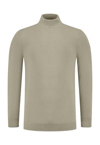 Beige coltrui sweater gemaakt van zachte gebreide stof; slanke pasvorm met lange mouwen en ribgebreide manchetten en zoom. Minimalistische stijl zonder patronen.