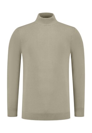 Beiger Rollkragenpullover aus weichem Strickstoff; körpernahe Passform mit langen Ärmeln sowie gerippten Bündchen und Saum. Minimalistischer Stil ohne Muster.