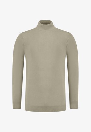 Beiger Rollkragenpullover aus weichem Strickstoff; körpernahe Passform mit langen Ärmeln sowie gerippten Bündchen und Saum. Minimalistischer Stil ohne Muster.