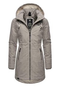 Beige waterdichte jas met een rits aan de voorkant, verstelbare capuchon, fleece voering en zijzakken. Voorzien van trekkoordaccenten en een logo-opdruk.