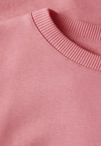 Ljusrosa sweatshirt med ribbad rundhals, slät textur och sömdekor. Materialet verkar mjukt och bekvämt.