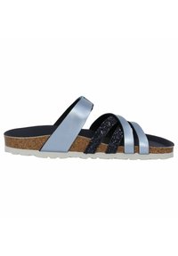 Blue leather slide sandal with three narrow straps, one adorned with black glitter, a cork midsole, and white rubber outsole.