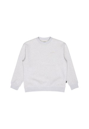 Hellgraues Sweatshirt mit Rundhalsausschnitt, langen Ärmeln sowie gerippten Bündchen und Saum, dargestellt vor weißem Hintergrund.