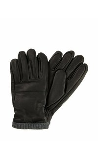 Zwarte leren handschoenen met vijf vingers, voorzien van een getextureerd oppervlak en een grijze gebreide manchette voor extra warmte en comfort.