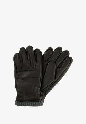 Gants en cuir noir à cinq doigts, avec une finition texturée et un poignet en tricot gris pour plus de chaleur et de confort.